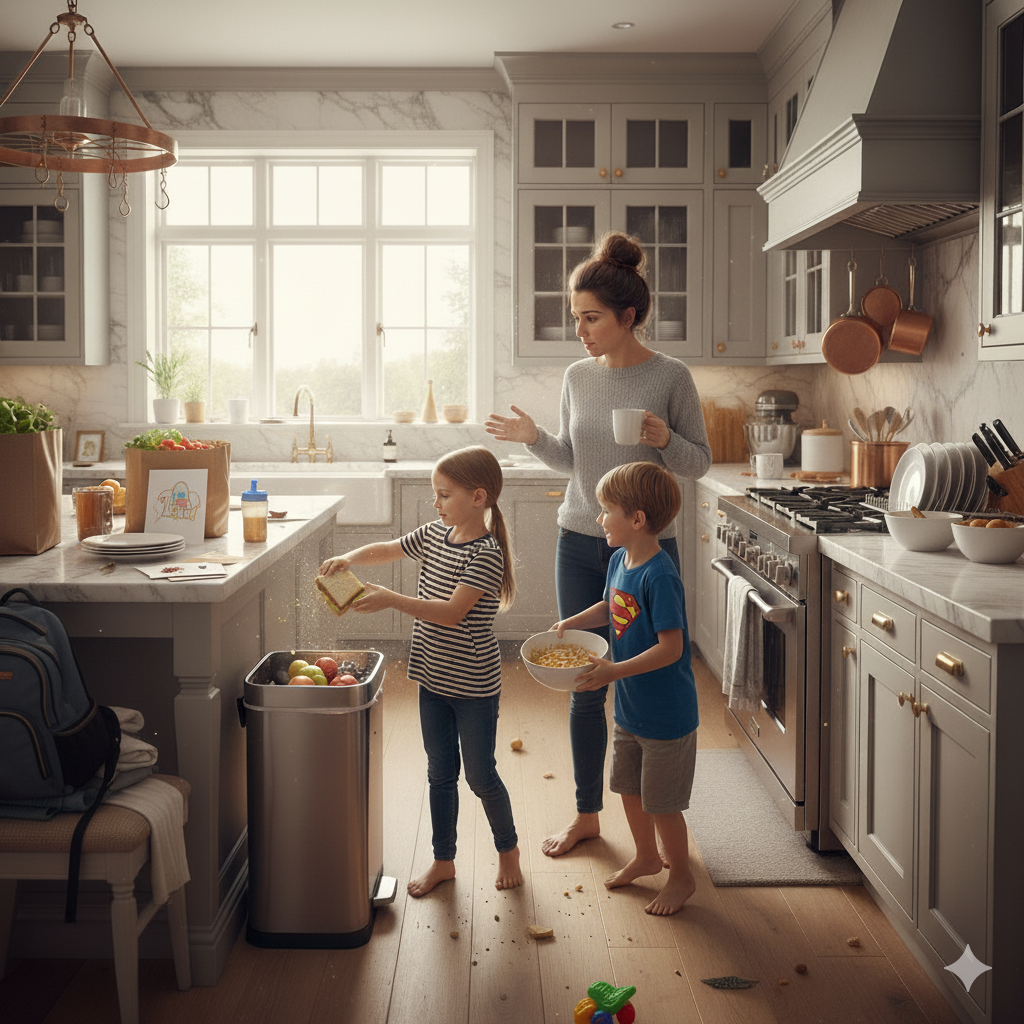 “Mom watching kids spill food in kitchen — illustrating everyday food waste and the need for better meal planning.” image generated with a prompt using Google AI Studio.”