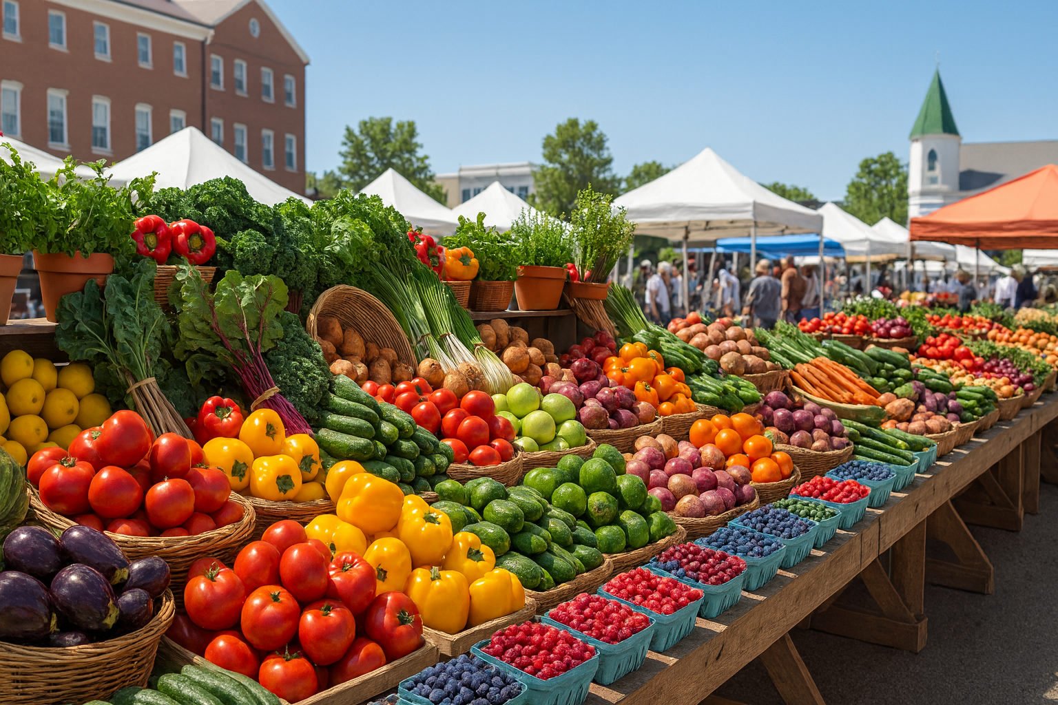 “Colorful display of fresh fruits and vegetables at an outdoor farmers market, showcasing seasonal produce like peppers, berries, and leafy greens.”