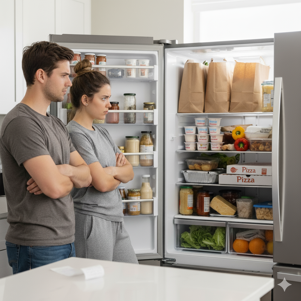 “Frustrated couple staring at a cluttered fridge full of groceries, symbolizing poor meal planning and food waste.” image generated with a prompt using Google AI Studio.”