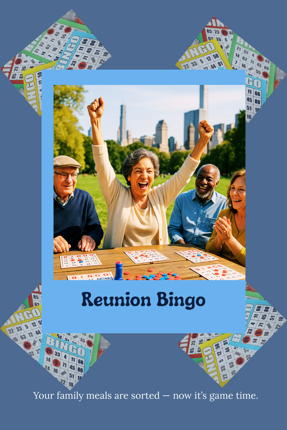 Group of people playing Reunion Bingo with a cityscape in the background